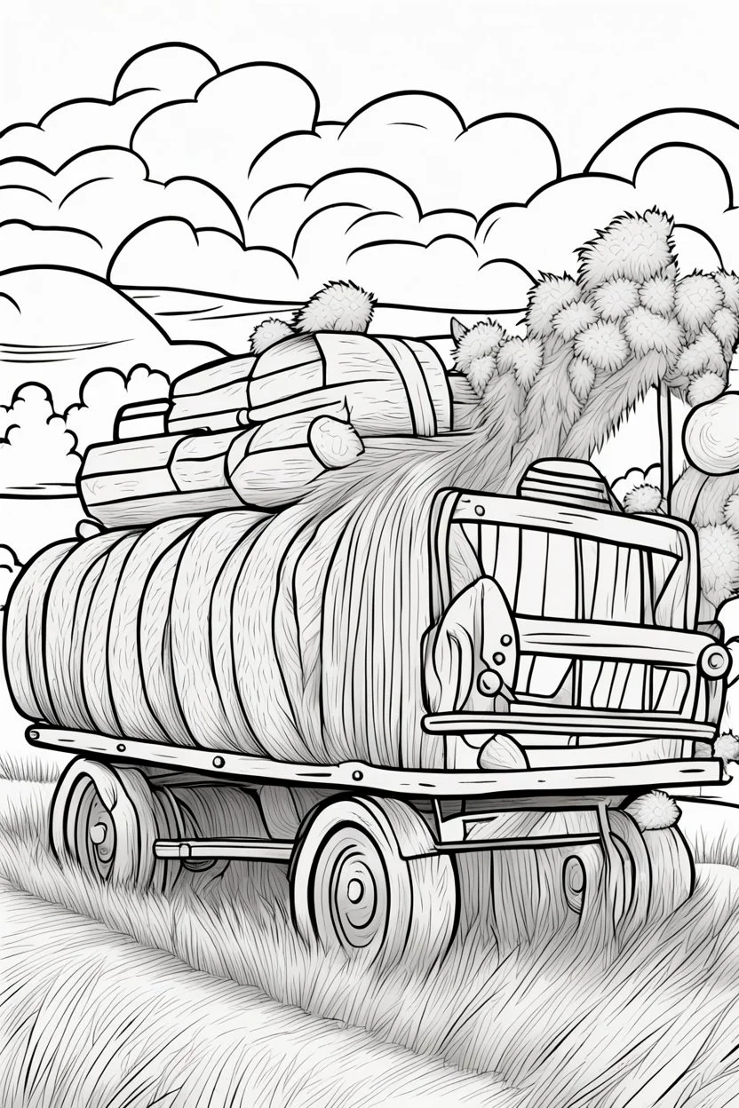 coloring page, flatbed wagon carrying hay, cartoon style, thick lines, low detail, no shading