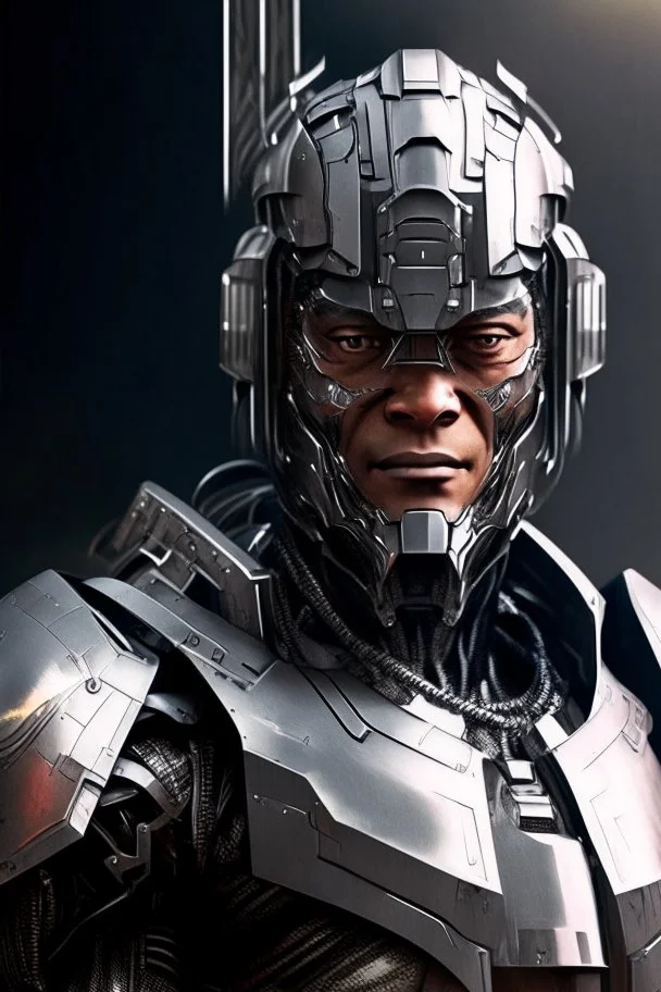 Cyborg armor with helmet on head serious face