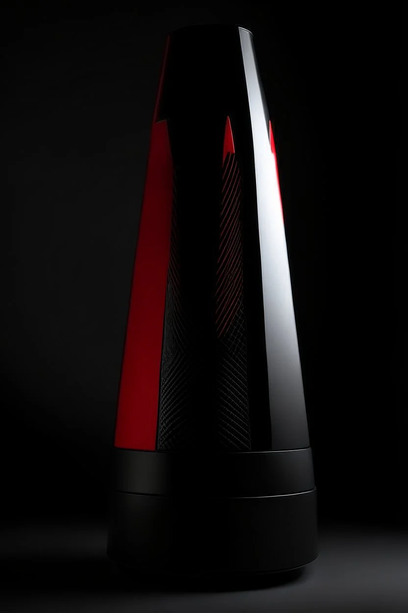 speaker, form inspired by Burj Khalifa, architecture form, modern design style and black and red color