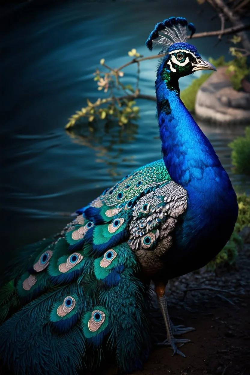 Create a picture of a strange colorful peacock standing near its twigs of branches and flowers lying on the river bank, decorated with flowers, highly detailed, maximalist, dreamy setting, high fine defined details, sharp, high resolution HDR 8x Modifiers: crisp quality Joris Hoefnagel Antonis Fylladitis velvety Lawrence alma tadema