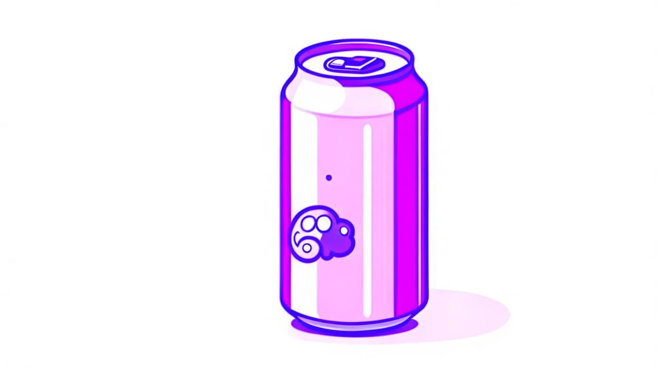 Sticker of a fizzy grape soda can on a white background, no shadow, pastel, lofi, cute, aesthetic