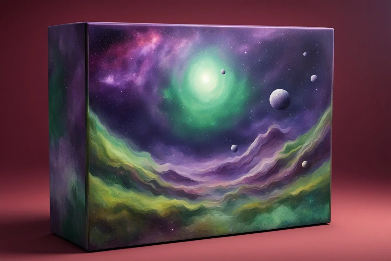 beautiful paintings of purple and green space on red rectangular box, very realistic