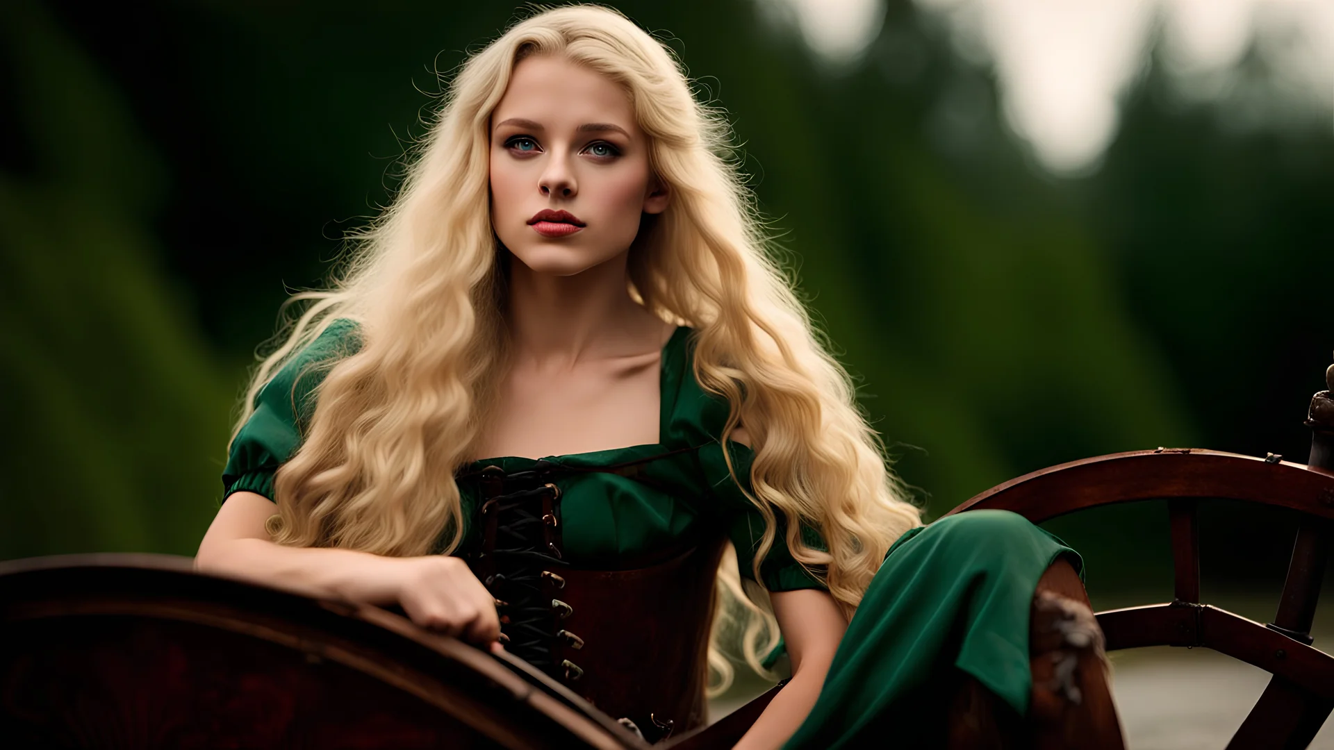 Photo is in sharp focus with high resolution. It is is a closeup portrait of a beautiful and slender caucasian 16 year old teen girl with long wavy platinum blonde hair. She has full lips, a turned up nose, high arched eyebrows and large green eyes. She is wearing a viking shield maiden dress with a corset. She is seated at a spinning wheel in a castle room lit by candles. She is gazing at the viewer.