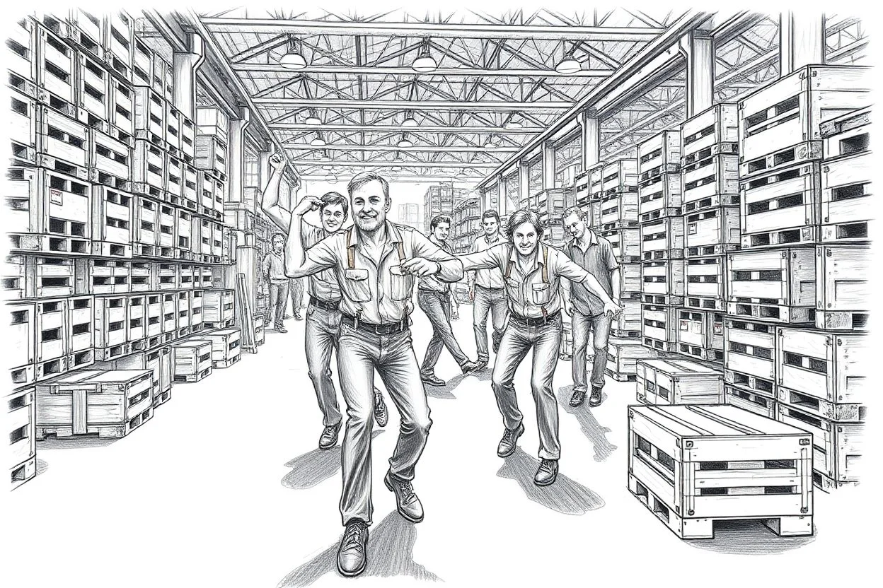 workers dancing in a industry factory with lot of wooden crates , a drawing with sketch lead pencil, no beards and light hair, the music video from AHA style (take on me)