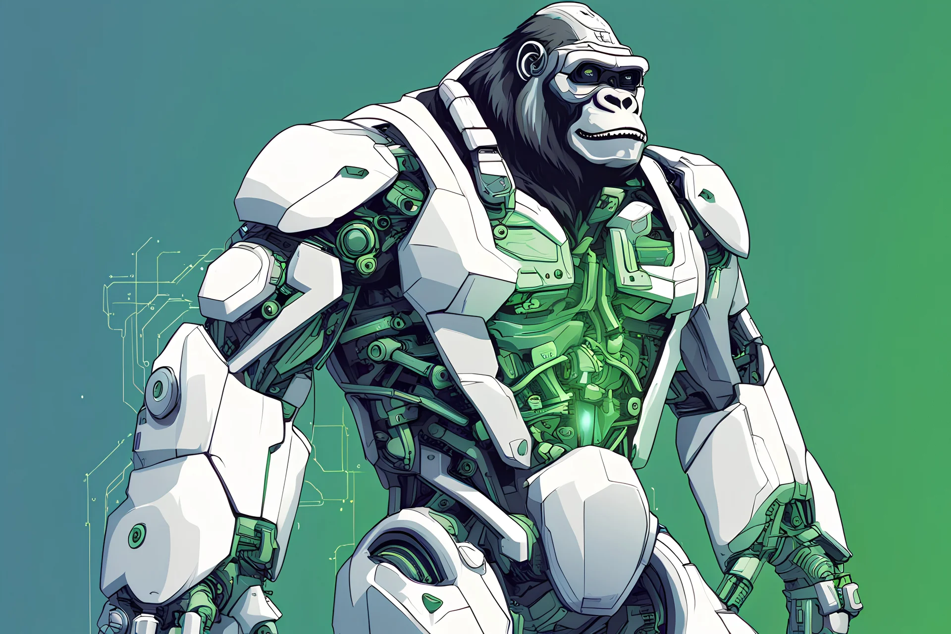 futuristic vector illustration of a full-body robotic gorilla with glasses and technical elements in green-blue colours