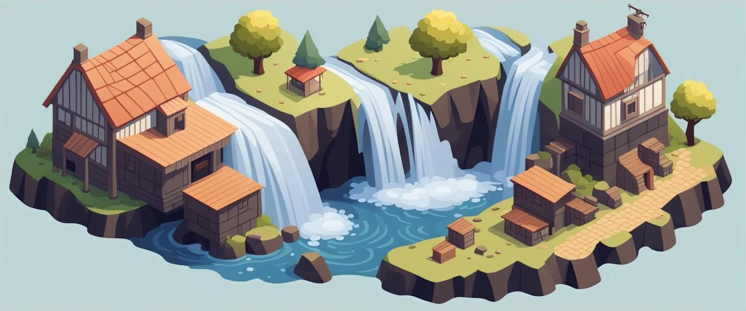 isometric game waterfall and mill landscape with houses and fog of war