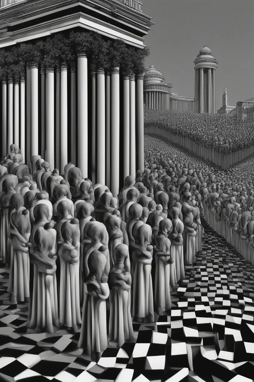 columns of gray men on the march toward sterility and self destruction; optical art; black and white with 50 shades of grey