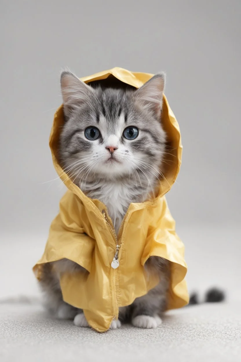baby cat in raincoat. Chibi, Photograph, Canon DSLR, Tilt - shift, white background, high definition, Complete and coordinated composition, 8k