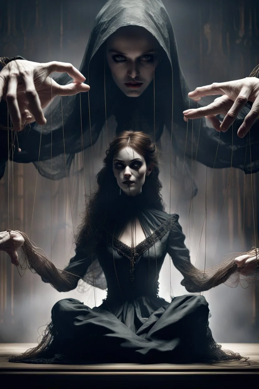 A dramatic digital mage of a woman seated on a table,facing to the front ,she is connected to string like a puppet, arms in air, moved by the strings, puppet like features in the face, beautiful face, behind her also facing the front is the puppet master,is a huge image of a man holding the strings, creepy gothic character,.zoomed in, dark and shadowy background with selective lighting on the woman, gothic and chaotic