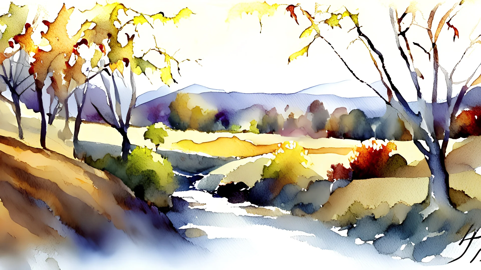 watercolor painting wineyard hill river autumn leaves