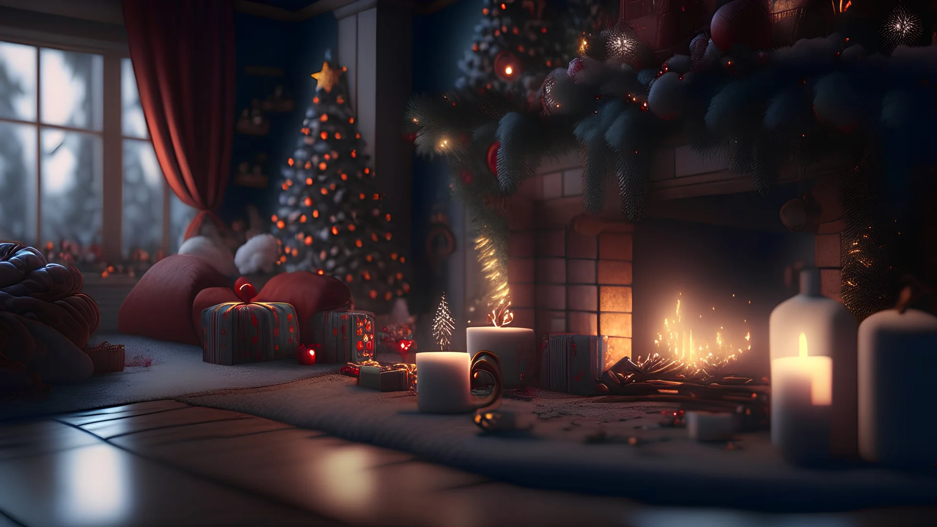 Cosy Christmas theme, magnificent, majestic, Realistic photography, incredibly detailed, ultra high resolution, 8k, complex 3d render, cinema 4d.