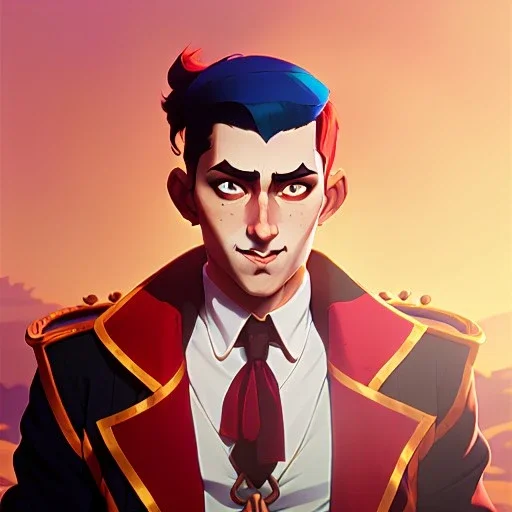 circus, ringleader, Arthur Kulkov, front, handsome, male, Russian, fantasy, anime, at dawn by atey ghailan, mystical colors, Golden hour, Lisa Frank fantasy