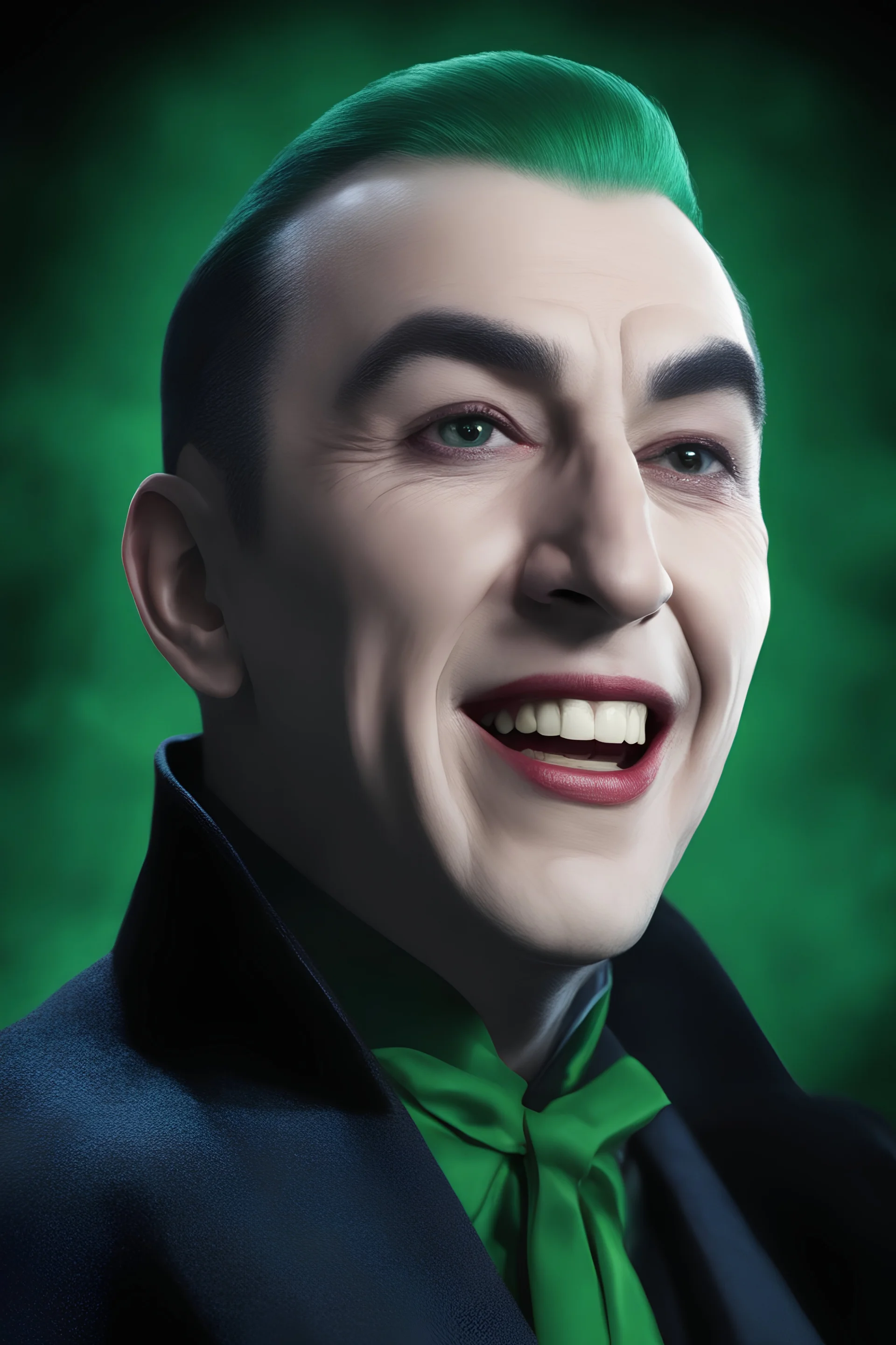 Bela Lugosi as Count Dracula batman laughing maniacally, Short, buzz-cut green hair tapered on the sides, green eyebrows - Blue eyes - full color - 32k, UHD, 1080p, 8 x 10, glossy professional quality digital photograph - dark foggy gradated background, historic, powerful, octane rendering, exquisite detail, 30 - megapixel, 4k, 85 - mm - lens, sharp - focus, intricately - detailed, long exposure time, f8, ISO 100 - back - lighting, ((skin details, high detailed skin texture))