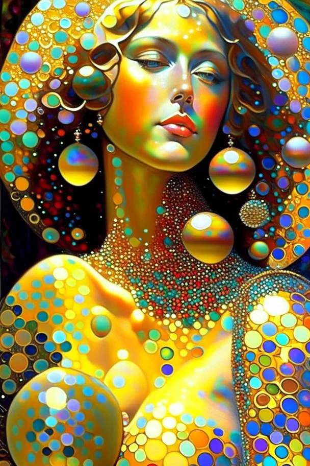 Behold a magnificent specimen of femininity a lady whose iridescent orbs are unparalleled in their supreme breathtaking loveliness with each individual orb a work of art possessing a unique and aweinspiring hue, multicolored patterns on her skin, styled after gustav klimt's "golden phase, " the lighting is warm and soft, with a hint of sunlight filtering through a window, emphasizing the lavish details of the painting, digital painting created using stable diffusion, with inspiration drawn from