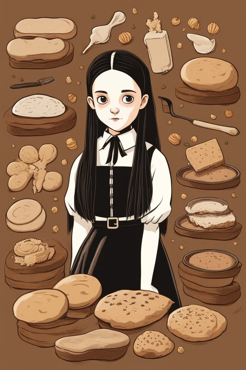 Wednesday Addams in front of Some Breads and Other Things Arranged on a Brown Background