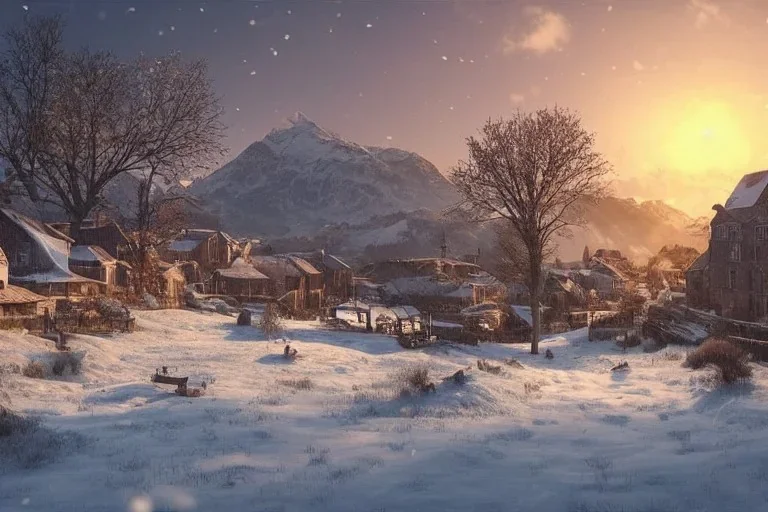 highly detailed small village scene, sunset, illustration, background snowy mountains, cinematic lighting, 4k, 8k, octane render, digital concept art, trending on artstation, pinterest, extremely detailed, ambient lighting.