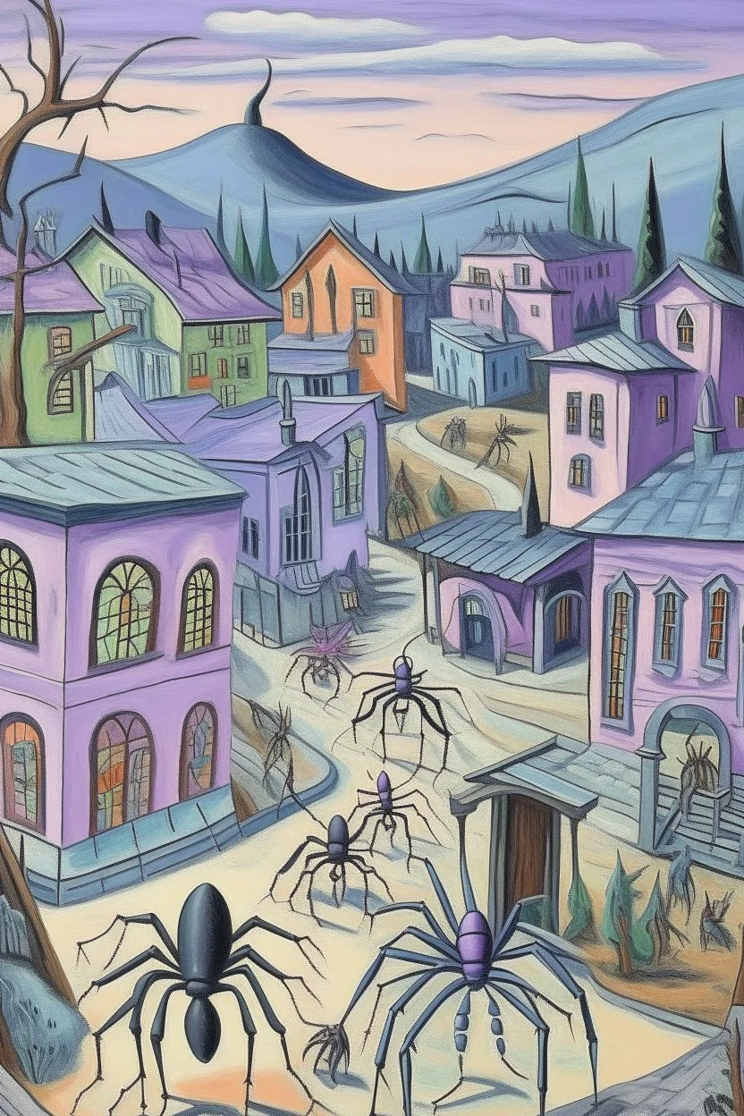 A light purple Day of the Dead themed town with spiders painted by Paul Cezanne