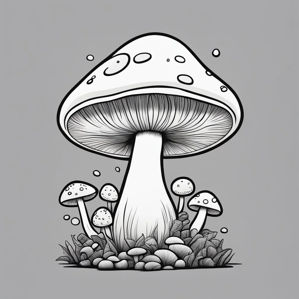 mushroom, black and white, cartoon, drawing, cute, outline