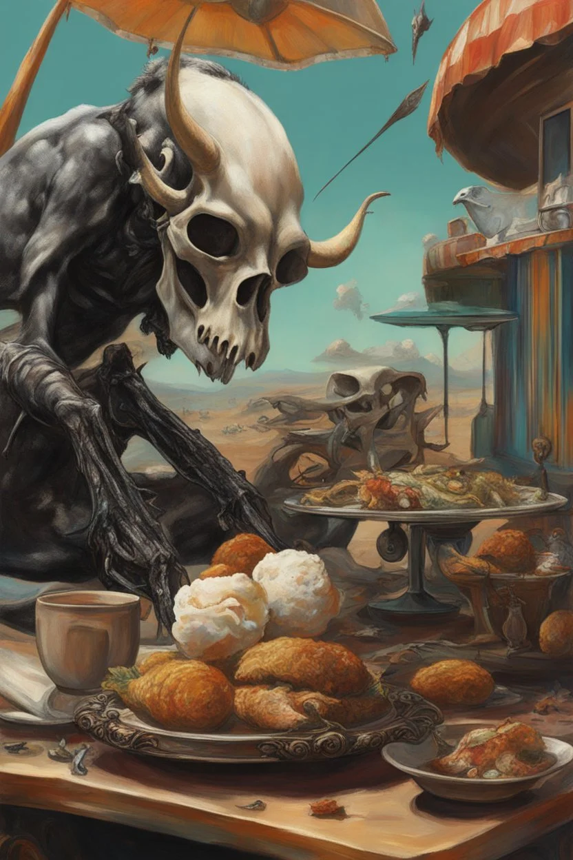 abstract and obsurt scene of an astraunot in the desert drinking tea at a round table, an ice cream stand in the background, broken tricycle,.dead fish, black crow, a cow and a skull, hyper realistic, 8k quality, striking colours, chaos80,