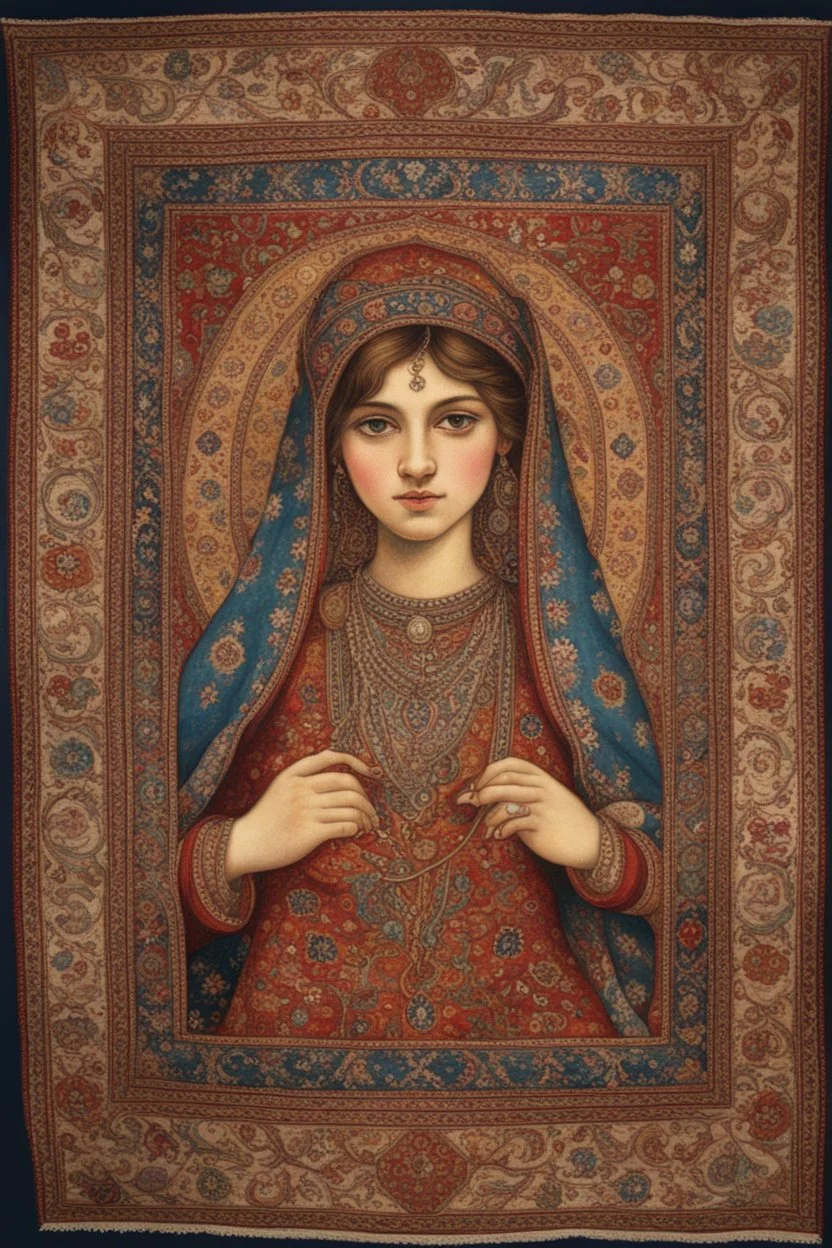 An intricate Iranian carpet from the Byzantine era in the center of the painting Beautiful gypsy girl.