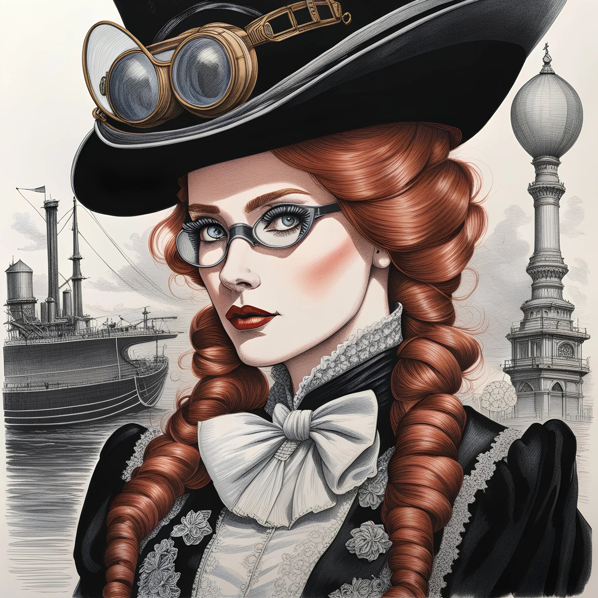 detailed pen drawing of a athletic petite pale russian redhead woman 30yo, long eye lashes, eye shadow, eye liner, Wearing A victorian Dress and top hat with goggles by an air ship