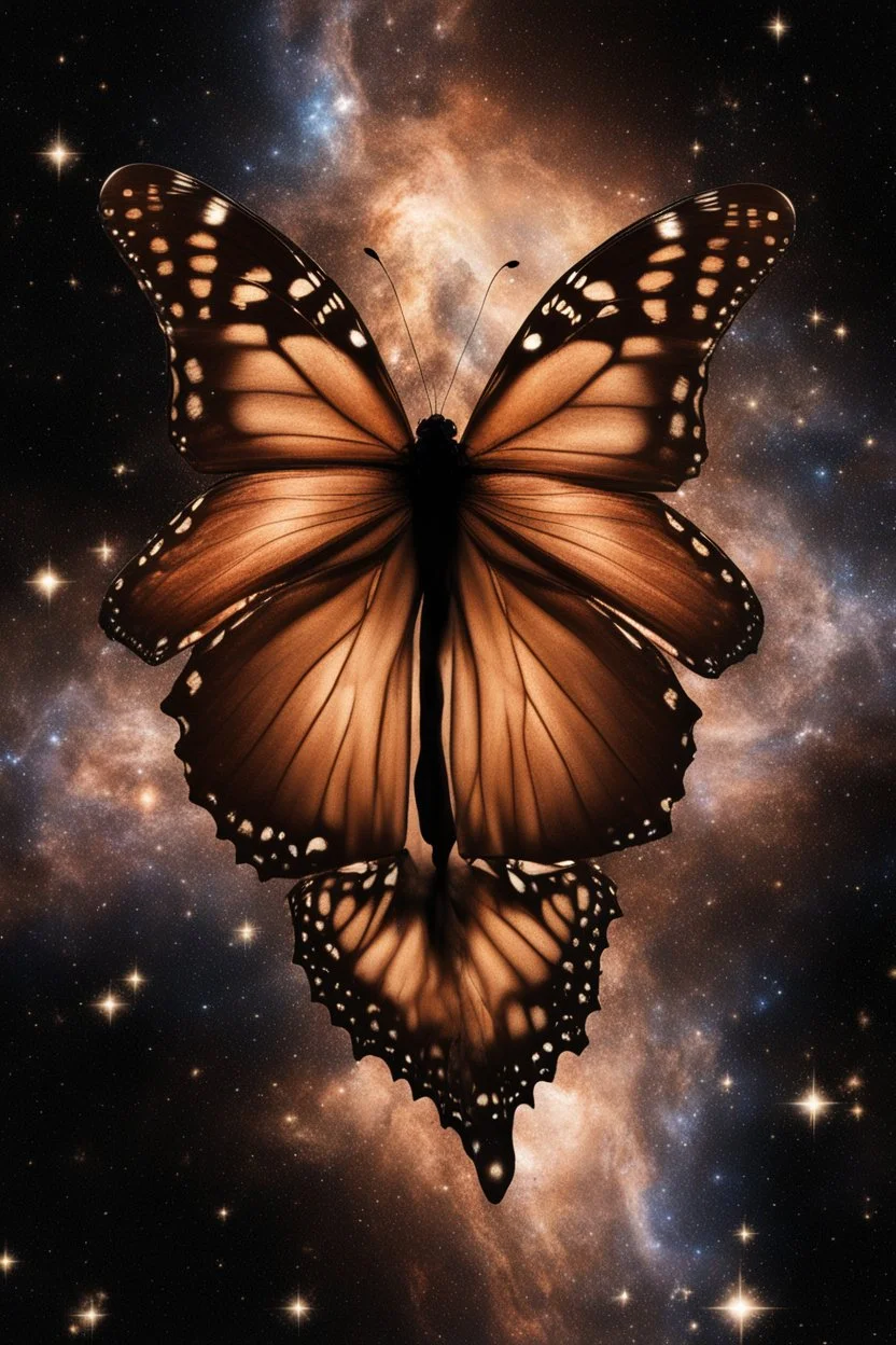 A light luminous brown butterfly in a galaxy of stars in space