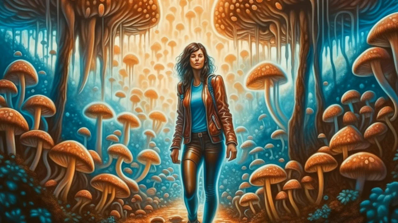 woman with black hair, in light brown leather trousers and jacket, walking through a forest of Alien mushrooms with jellyfish tentacles, photorealistic, Deep Colour, Intricate Detail, Keith Parkinson