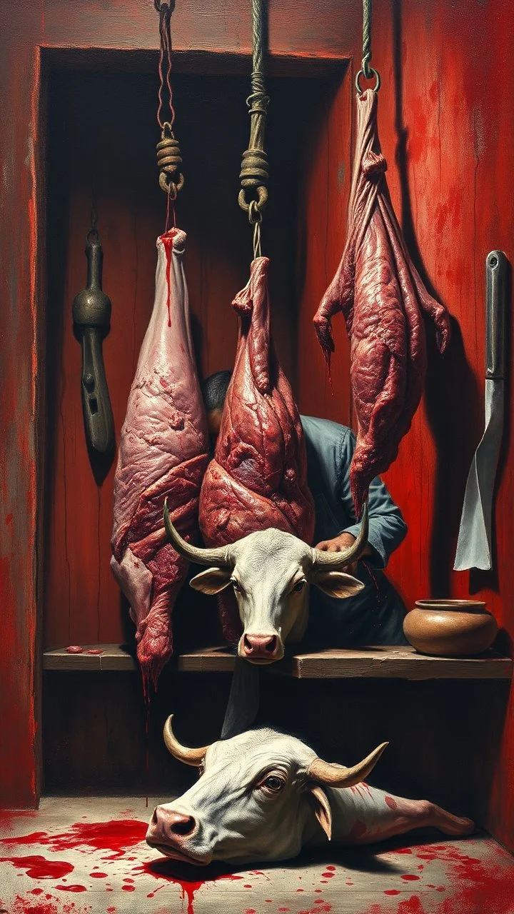 Bosch style painting , A shadow of a spirit inside a bloody butcher store , the butcher is cutting a big cow meat hanging with hooks with details on red bloody background of a meat store , blood is everywhere on the wall and his clothes, a head of the cow is on the table,
