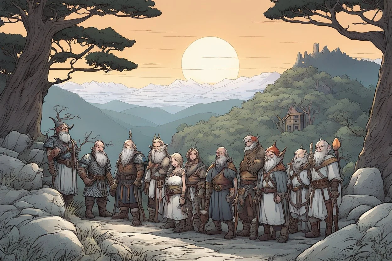 [comics Andrew MacLean style] At the crest of the hill, under the watchful gaze of the setting sun, a motley crew of courageous souls stands assembled. The short bald dwarf healer, his weathered features etched with ancient knowledge, surveys the group with a keen eye. Beside him, the female Elf radiates an aura of forest magic, her eyes alight with the wisdom of the natural world. Opposite the Elf, the female thief from the dark city moves with a grace born of shadows, her pres