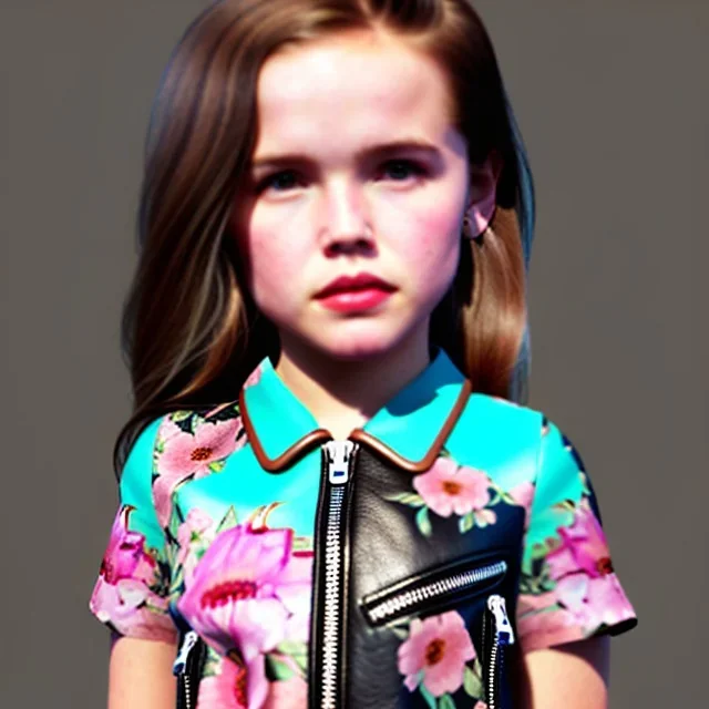 Zoey deutch toddler, full body, leather jacket, floral shirt, floral skirt, shoe, soft skin, city background, dramatic lighting, hyper realistic