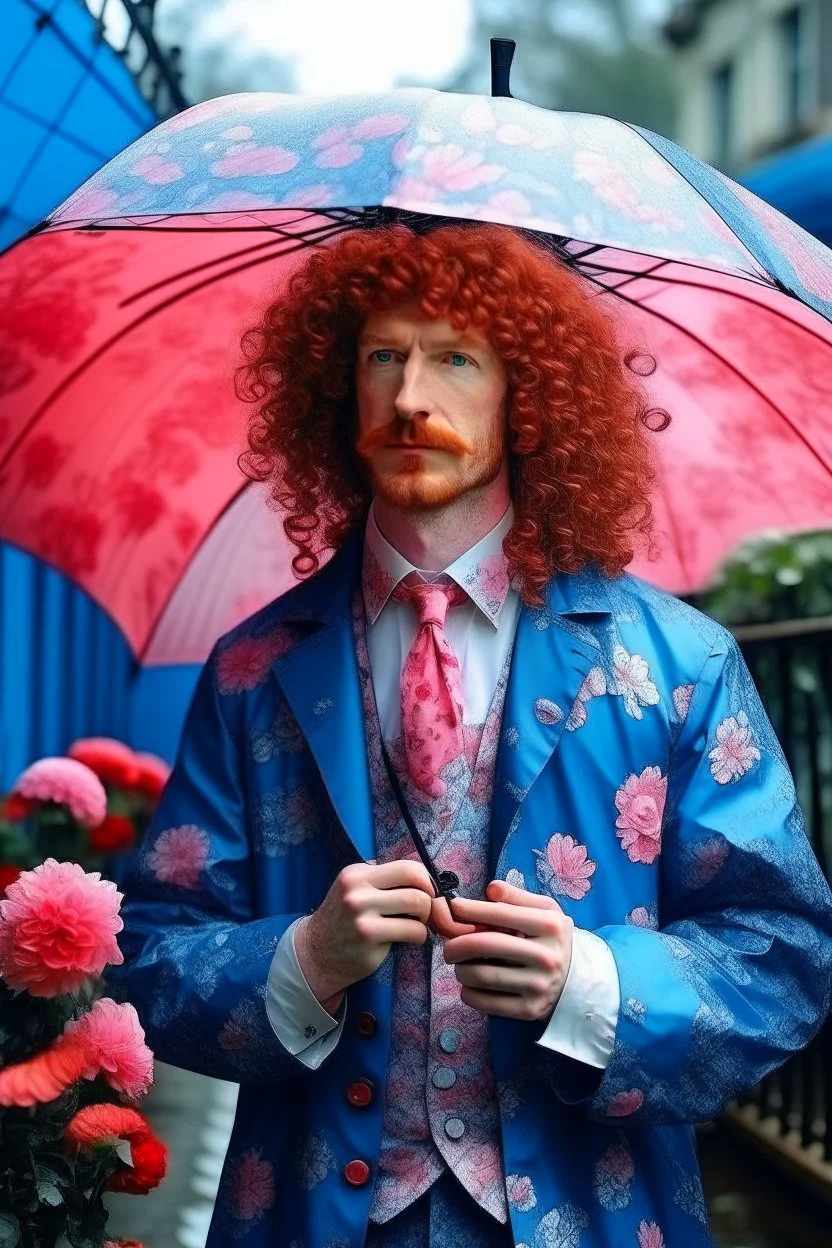 kind sailor, man, red curly hair, long jacket, pink-azure clothes, pink-azure cocked hat, white floral pattern on the jacket, flower in the hair. Pink and blue umbrella.