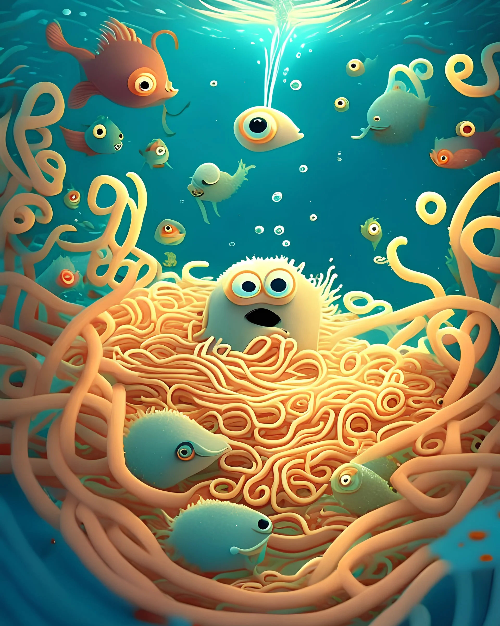 soup animation, animal-shaped noodles thriving in a vast underwater world, lively noodle creatures, inspired by Mindy Kaling, whimsical underwater-like culinary world, directed by Laika, intricate character designs and flavorful environments, delightful interactions and heartwarming friendships, playful