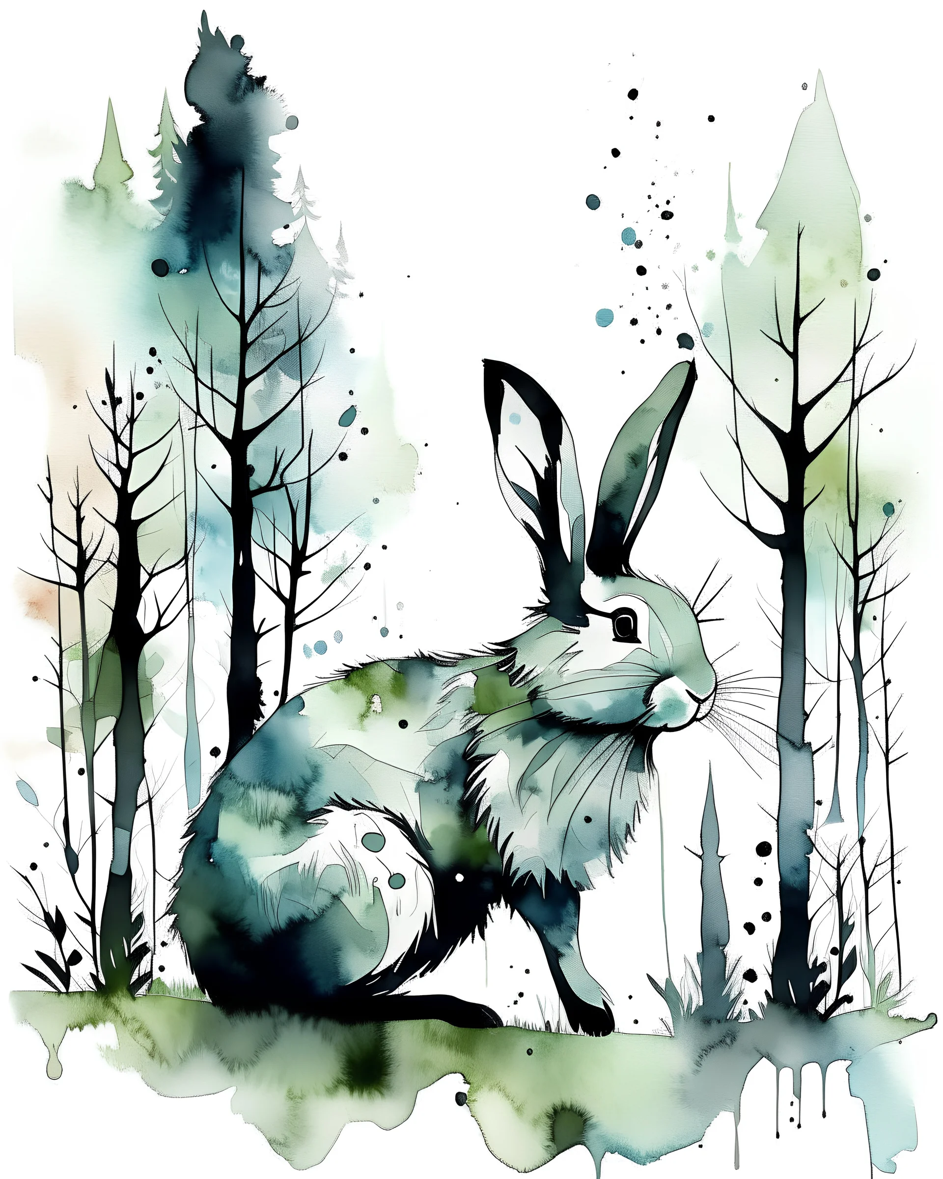 Watercolour effect, rabbit, forest abstract,roschCh ink blot test, white background, muted colour's.no black outline, no black colour