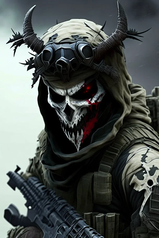 A soldier in the game modern warfare, he wears a skull mask with horns that covers his eyes. The lower half of his face is covered by a mask with a bloody fanged grin. He is a sniper, but can also run point. His call sign is Wraith. Couple