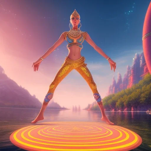 dhalsim, yoga artist swirl on a boat in the air, maze background , levitated lab equipment, 4k, Highly Detailed, Masterpiece, perfect eyes, Digital Illustration, Cinematic Lighting, Realistic, Sharp Focus, Centered, Beautifully Lit, Bioluminescent by Stanley Artgerm Lau