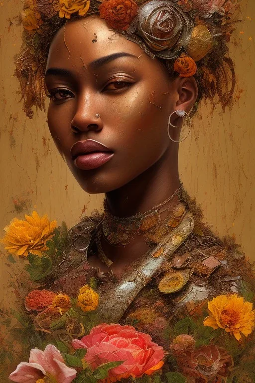 an abstract painting of rusted metal and flowers, african goddess portrait, rust, scaffolding, iron cladding, decay, mixed media, textured, anatomically correct, beautiful perfect face, sharp focus, highly detailed