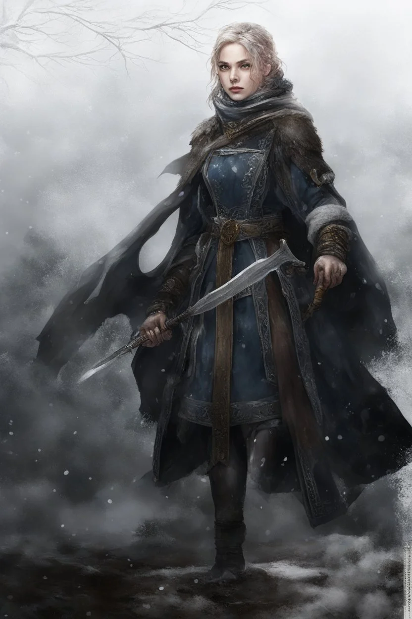 A female cleric dressed for the cold with a sword. Snowy background