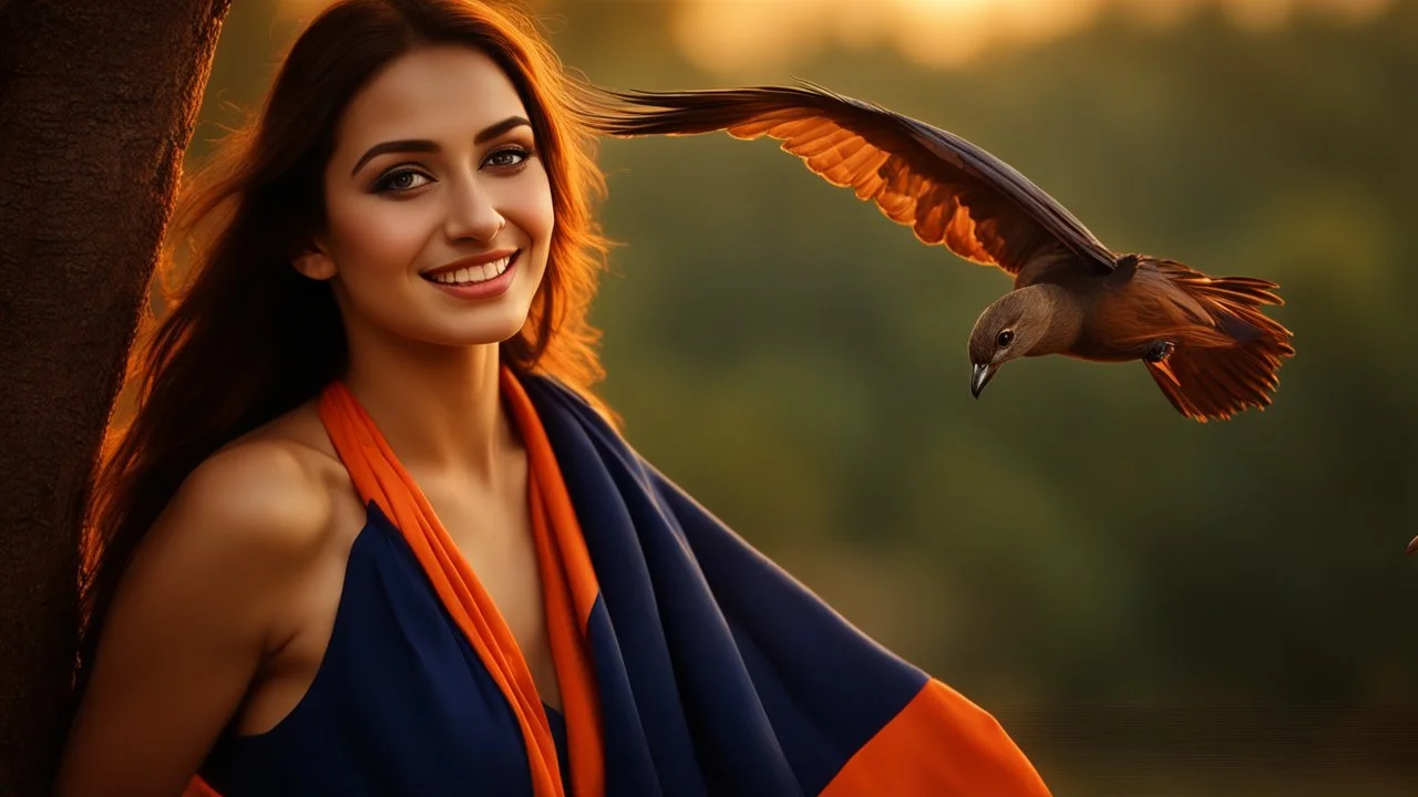 Hyper Realistic photographic-view of a Beautiful-Young-Happy-Pashto-Woman-smiling-with-a-bird-on-his-hand with navy-blue-dress-&-orange-shawl & breeze-whirling in a jungle-with-tall-trees & cloudy-sunset-&-sun-rays showing dramatic & cinematic ambiance