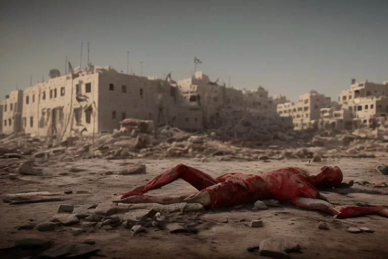 Bloody Man with no legs lying in ruins in Gaza