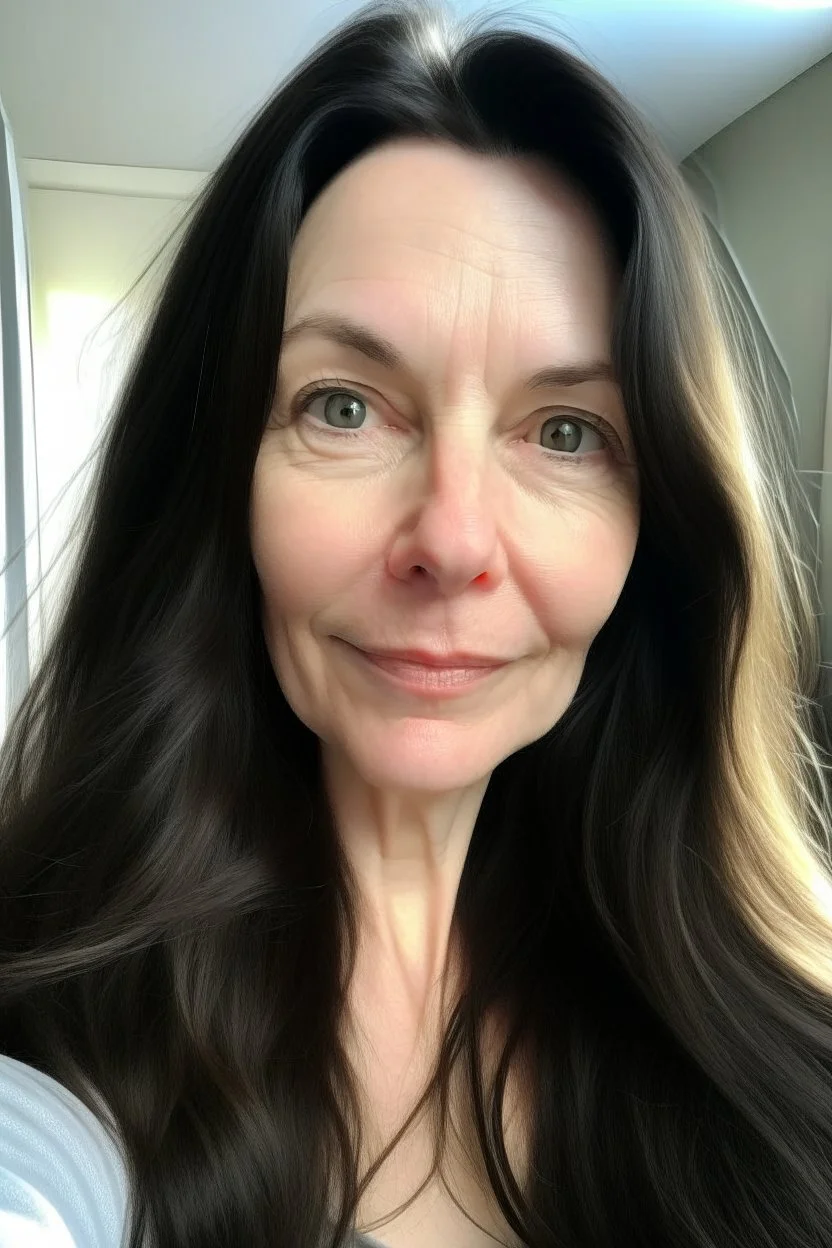 A selfie of a brunette woman with a round face, long hair taken at spa salon. showing incredibly beautiful extremely attractive 47-year-old European woman. (She has white skin, tousled black hair, pretty face without makeup, big round brown eyes, cute profiled nose, detailed full lips.)