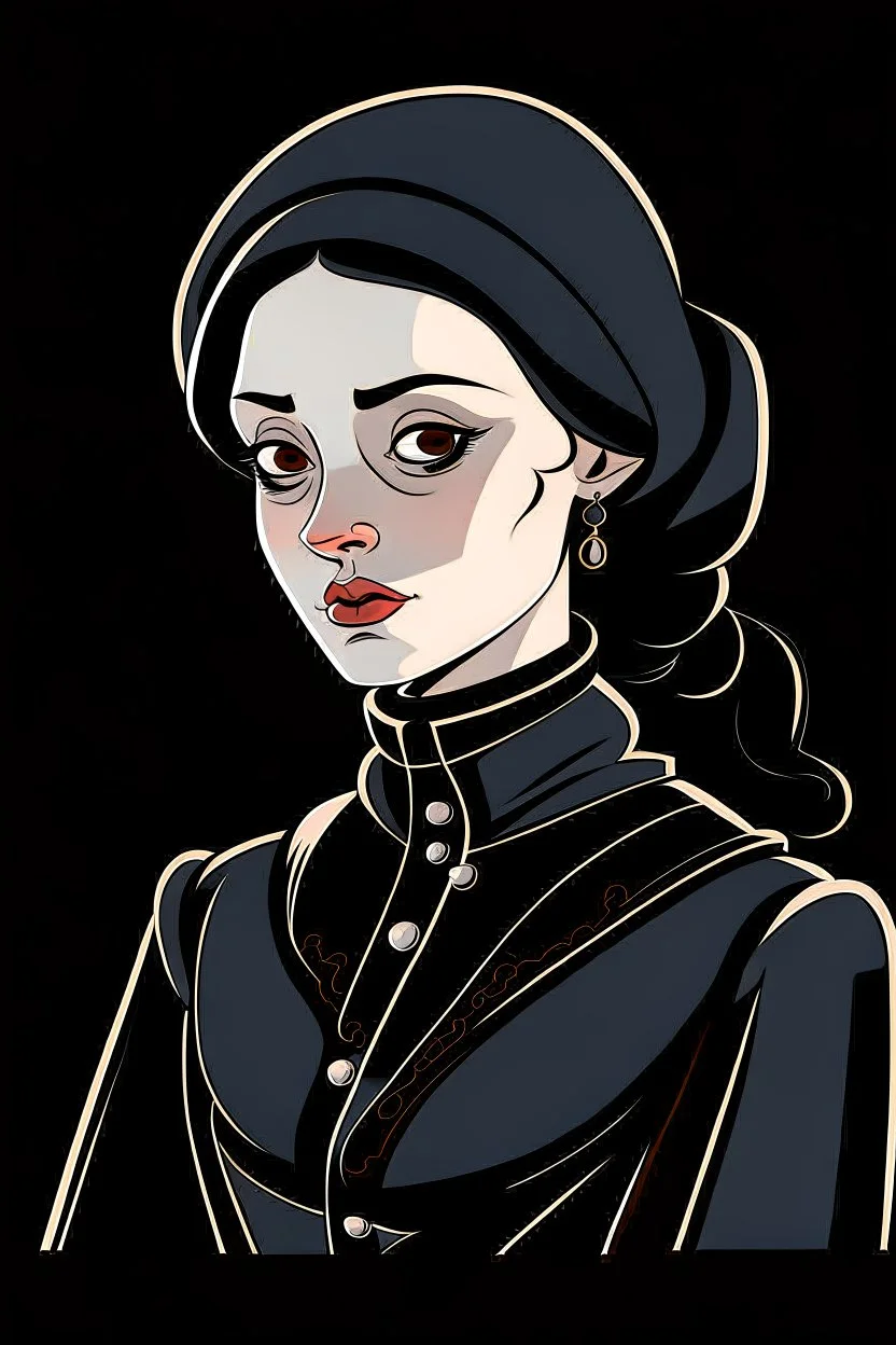 A portrait of a 30-years old aristocrat woman from XV century in strict dark clothes, authoritative, cold, emotionless, in the style of Genndy Tartakovsky's cartoons, no headdress