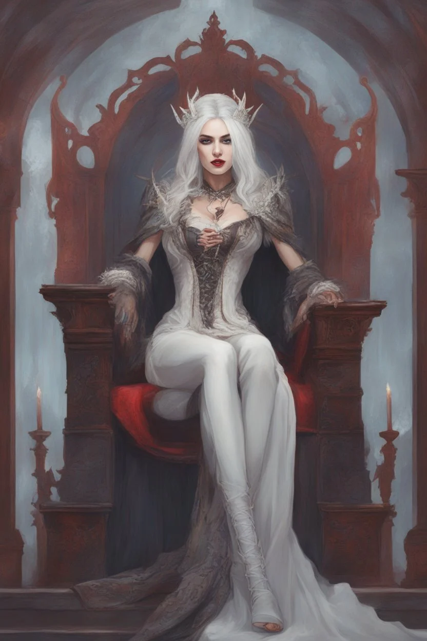 Beautiful white haired Vampire queen on her throne, drawing