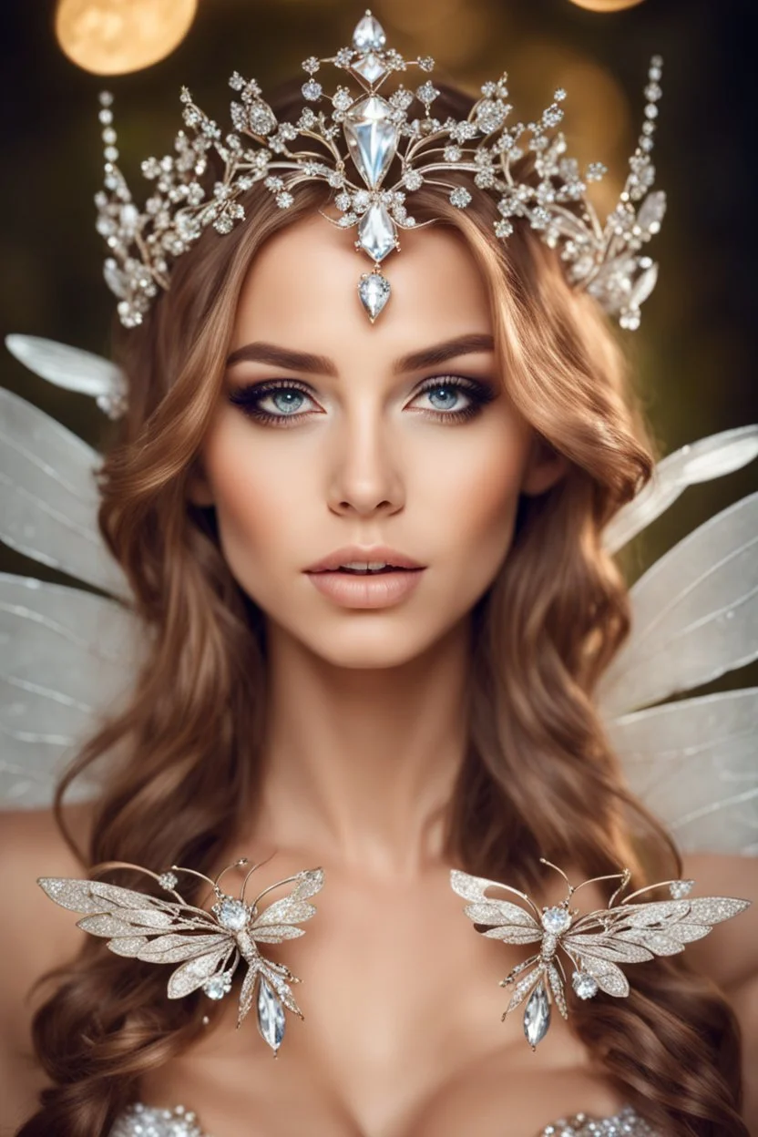 Gorgeous Real Photography Beautiful Super Model European woman dressing Beautiful Lady Fairy with straddle wings,diamonds jewelry,wonderland background,close-up portrait