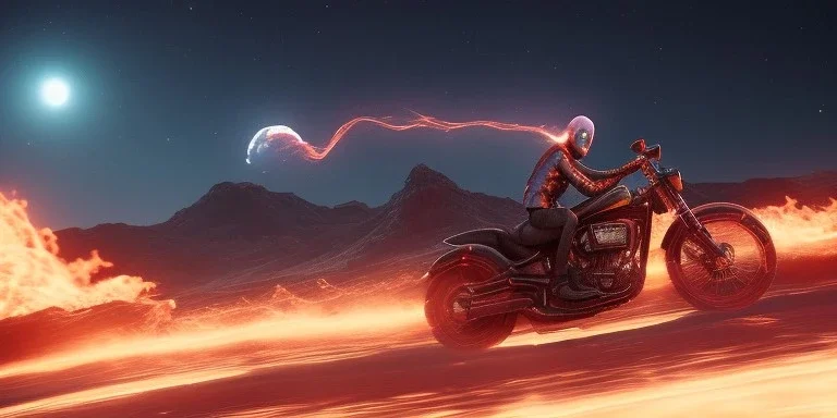 Ghost rider riding in hells flames doing a wheely in hell with the moon in the background