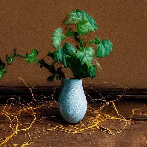 artistic photo of a tiny cracked ceramic vase repaired with gold, kintsugi, garden setting, beautiful landscape photography, beautiful, vines and leaves, delicate, cinematic, high detail, beautiful composition, delicate arrangement, aesthetic, soft lighting, award winning photography, tender