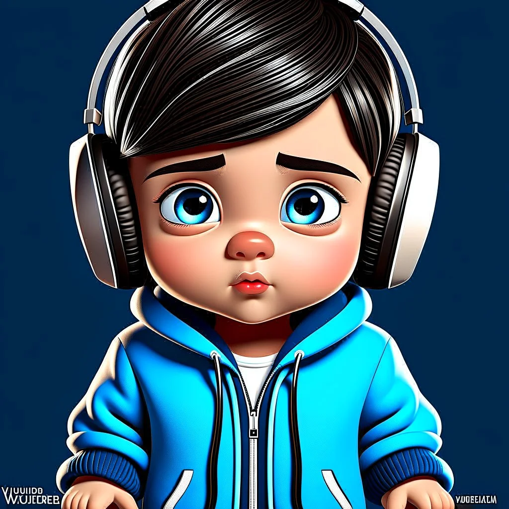 Cute cartoon style of a baby boy with headphones, wearing an blue hoodie with the name "Javier " black jeans grey eyes and brown hair, typography, illustration, painting, poster, 3d render, anime, fashion, cinematic, product