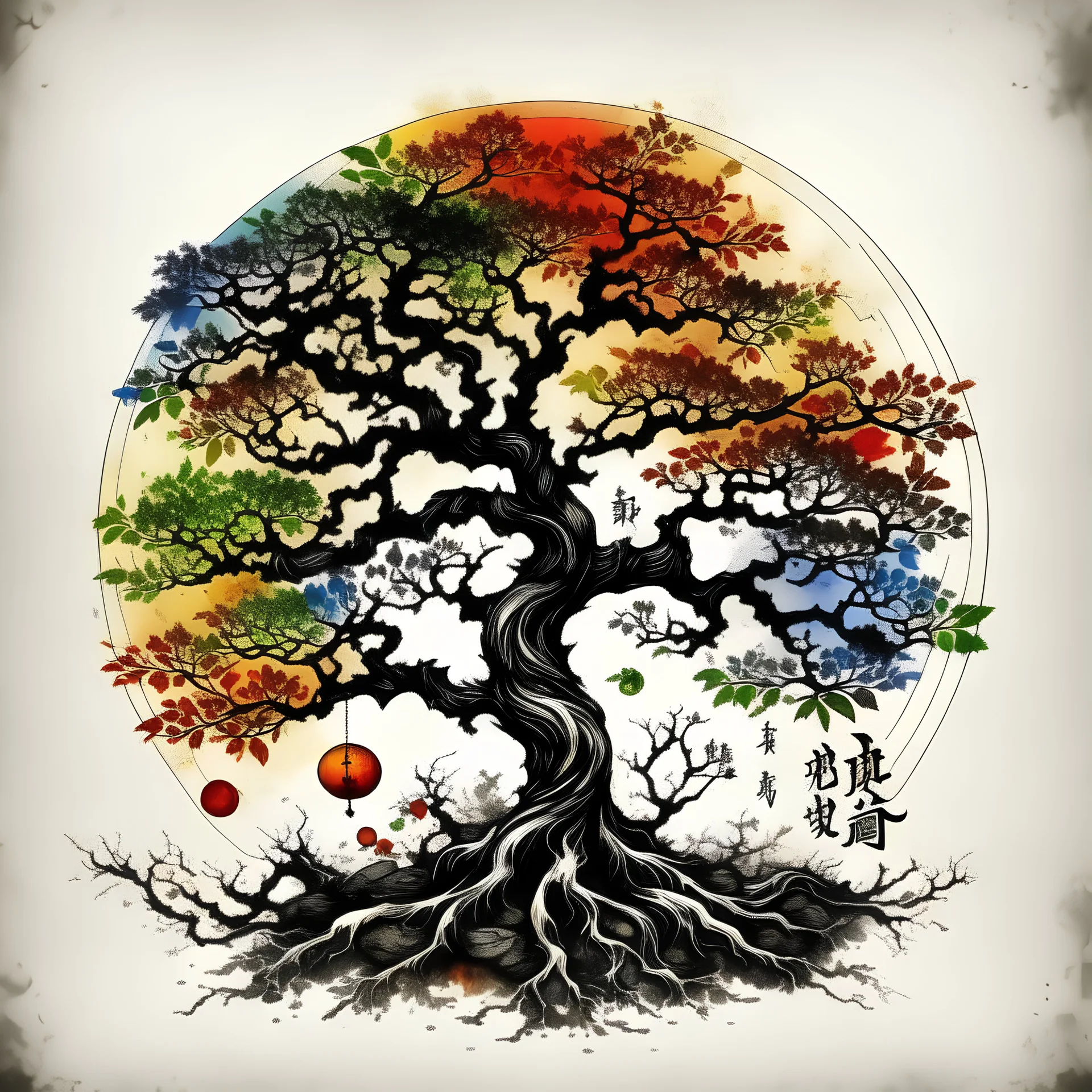 Tree of life, Chinese ink colors