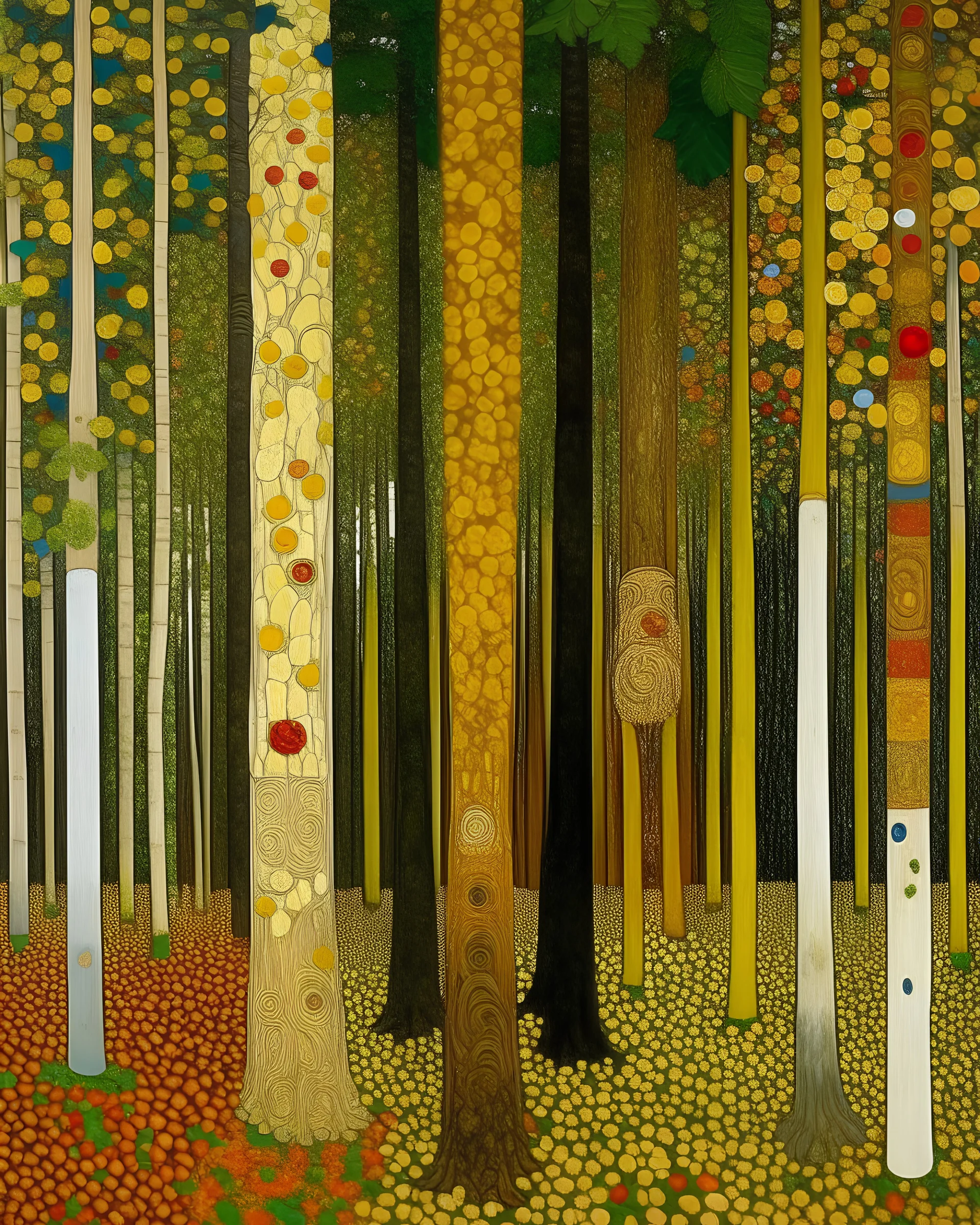 A forest with totem poles and a giant tree painted by Gustav Klimt