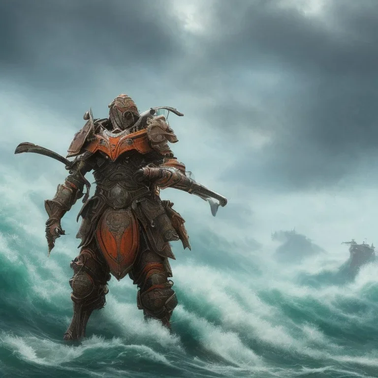 an ibis warrior in orange and green full battle armor, background of giant crashing ocean waves, a highly detailed illustration, realistic render, 8 k, micro detail, intricate, elegant, centered, digital painting, smooth, sharp focus, illustration, artgerm, tomasz alen kopera, peter mohrbacher, donato giancola, joseph christian leyendecker, wlop, boris vallejo