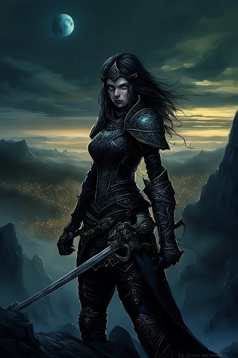 A formidable warrior girl in black armor, against the background of an amazing gloomy landscape, flooded with the light of two moons - blue and green, mountains, trees, a fabulous scary landscape, juicy emotions, painting, dark fantasy, gloomy day, dark world, portrait, Gothic Town At Night, Fantasy, Intricate Details, Castle Courtyard Gardens, Hyper Detailed, Jean Baptiste Monge, Carne Griffiths, Michael Garmash, Seb Mckinnon, Masterpiece